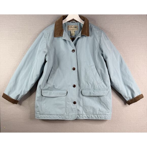 VTG LL Bean Jacket Womens XL Blue Canvas Chore Barn Coat Corduroy THINSULATE - Picture 1 of 12